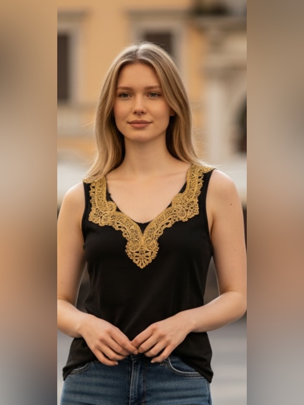CLARA ANTONINI Black Tank Top with Gold Lace V-Neck Embellishment